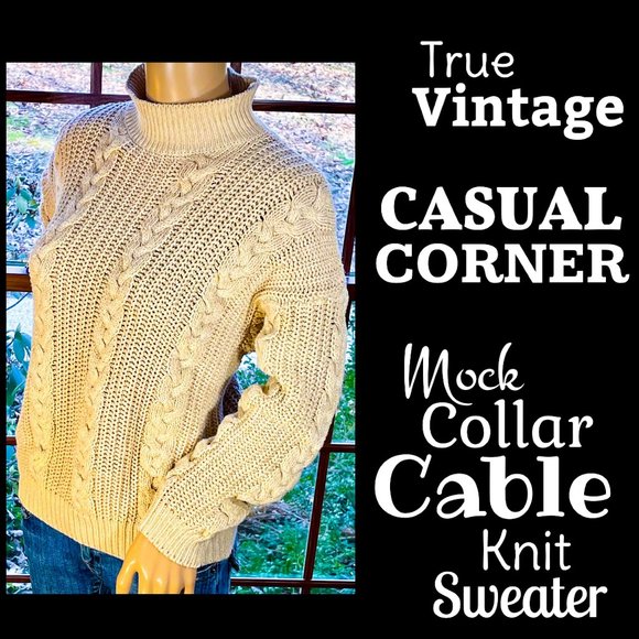 Vintage Sweaters - ▪️VTG▪️CASUAL CORNER▪️90's Cotton Blend Light Tan Mock Collar Cable Knit Sweater
